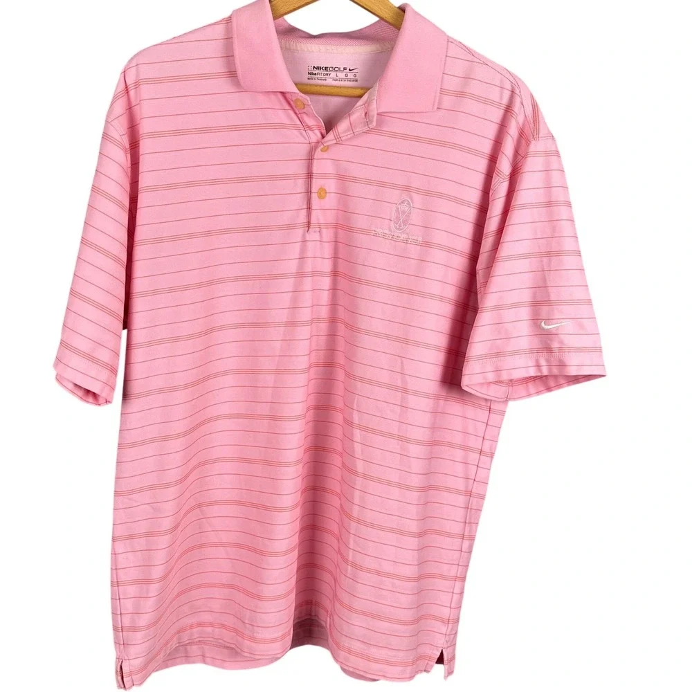 Nike Golf Dri-FIT Pink Striped Polo Shirt Men Large Providence Logo Short Sleeve